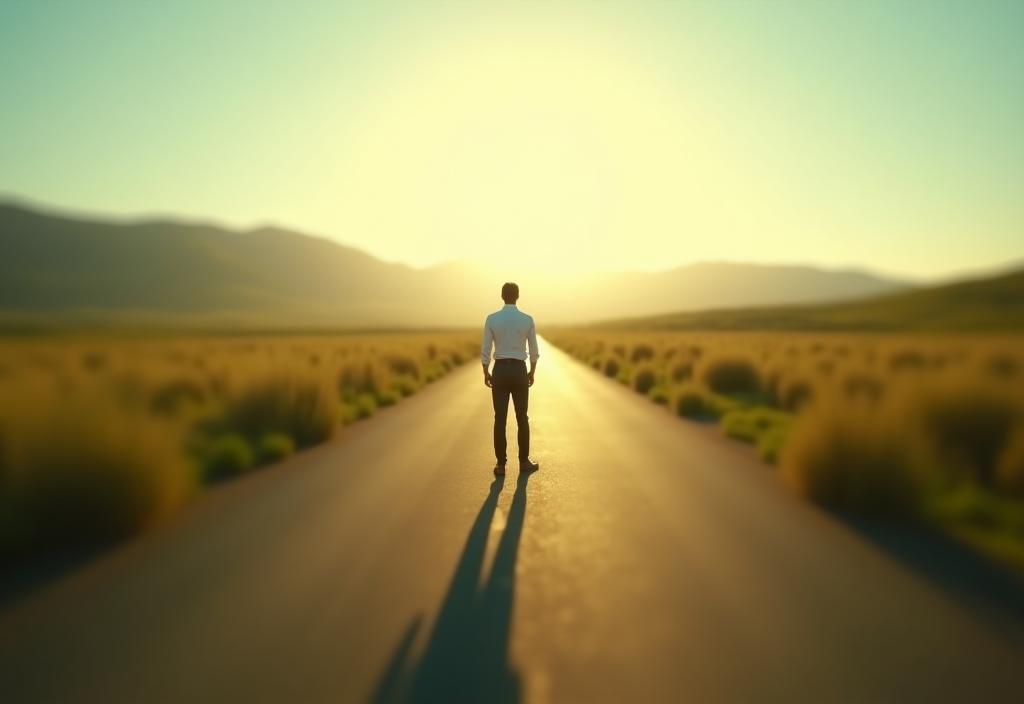 Person standing at a crossroads looking confidently down a clear career path.